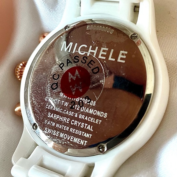 New Rose Gold Michele Diamond Jetway White Ceramic Women's Watch - Picture 8 of 8